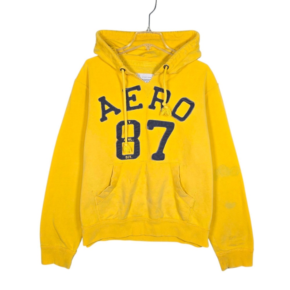 Vintage Y2K Aeropostale Hoodie Mens XL Yellow 87 Distressed‎ Drawstring Aero